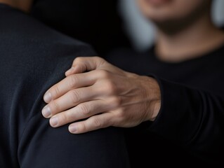 Close up of a hand resting gently on a shoulder, providing comfort and support during moments of grief and sorrow