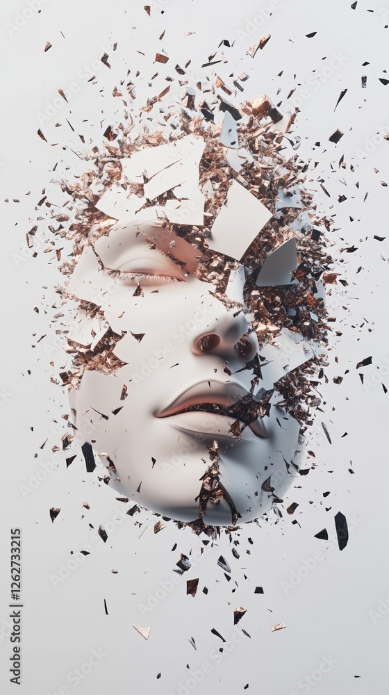 Poster surreal depiction of a fragmented face, capturing the essence of mental overload, burnout, and stres