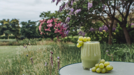A close-up shot of a glass filled with green grape smoothie, placed on a table with fresh green grapes, set against a vibrant, blurred nature background in daylight. 