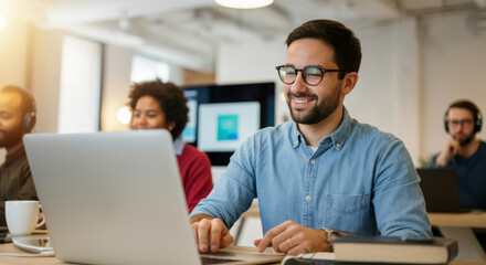 A man is sitting at a desk with a laptop and smiling