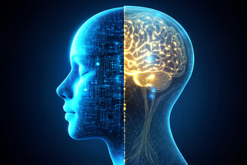 Human head split open, revealing a glowing neural network inside, symbolizing artificial intelligence merging with human cognition.