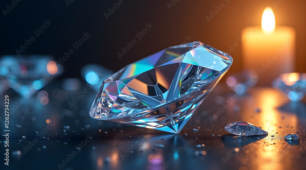 Poster a sparkling diamond sits on a dark surface with soft candlelight in the background, creating a luxur