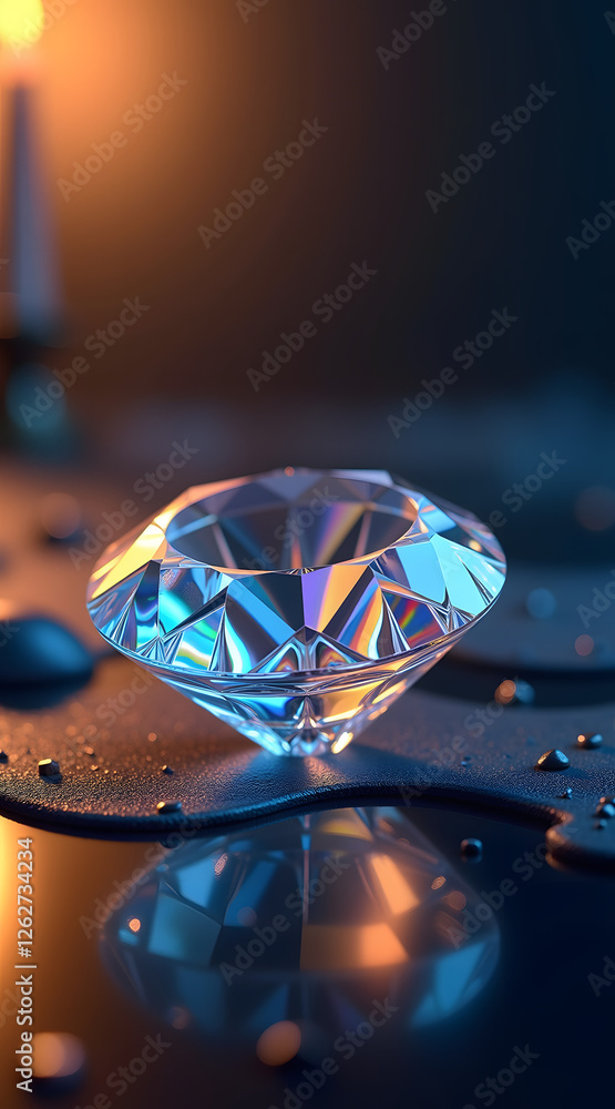 Aufkleber a sparkling diamond sits on a reflective surface, illuminated by soft warm light, surrounded by smal