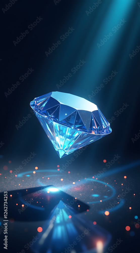 Poster a sparkling blue diamond hovers elegantly in the dark, illuminated by soft rays of light, creating a