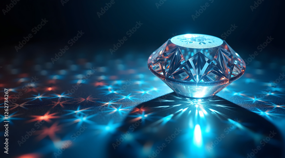 Poster a sparkling crystal gem reflects vibrant blue and red lights, casting star-like patterns on a dark s