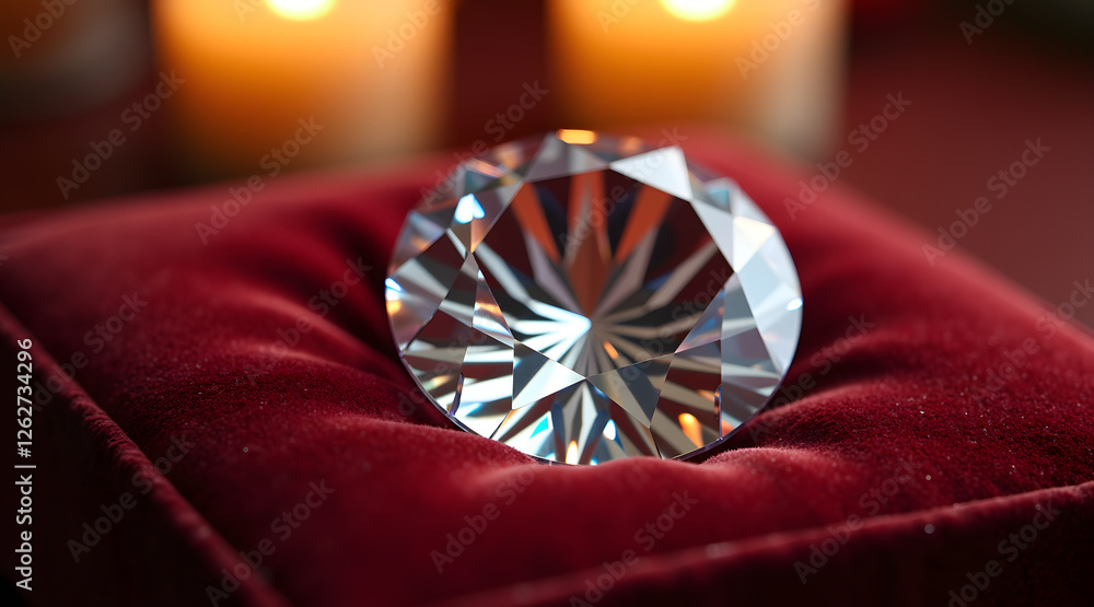 Poster a sparkling diamond rests on a plush red velvet cushion, illuminated by soft candlelight, creating a