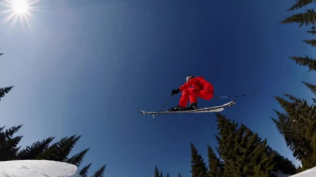 POV video of a skier in a red suit descending a snowy slope, surrounded by pine trees, captured from a low-angle perspective.