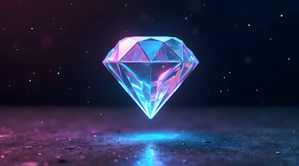 A sparkling diamond floats above a dark surface, illuminated by a vibrant blue and purple glow, creating a magical and luxurious ambiance