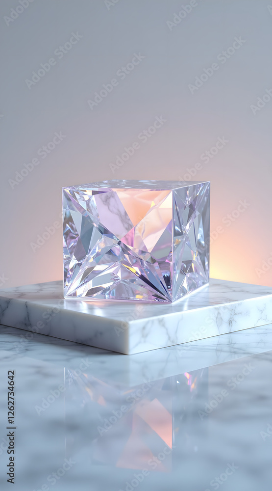 Poster a stunning crystal cube sits on a marble surface, reflecting light beautifully with a soft gradient 
