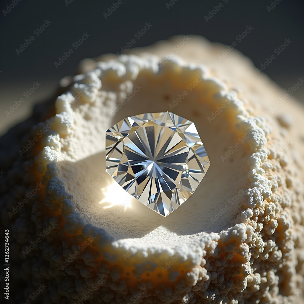 Poster a sparkling diamond sits nestled in a textured shell, reflecting light and casting soft shadows, cre