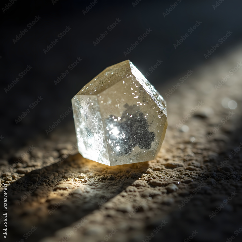 Poster a transparent crystal glistens in soft light, showcasing its sparkling facets and unique geometric s