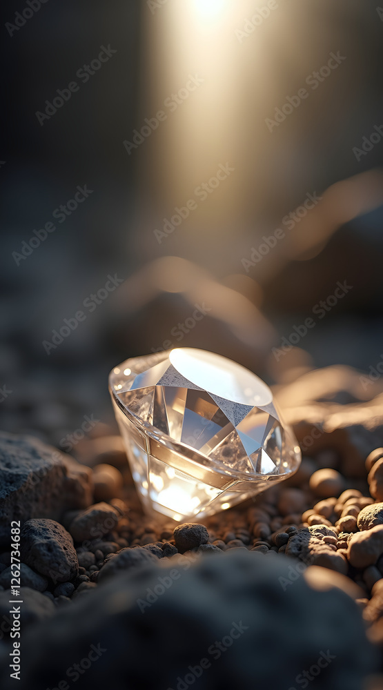 Poster a sparkling diamond rests on a bed of pebbles, illuminated by soft rays of light, creating a warm an