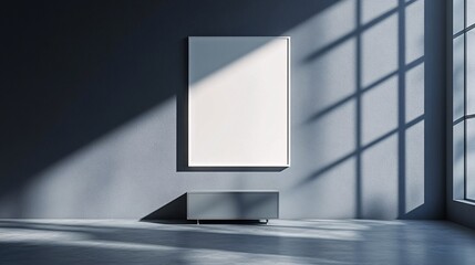 A sleek grey gallery room with a decorative drawer and mockup frame on the wall, ideal for showcasing interior design concepts and modern decor.