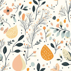 A boho floral Easter pattern with hand-drawn botanical elements and subtle pastel tones