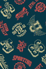 College athletic department sporting badges patchwork vintage vector seamless pattern for boy kid sport wear fabric t shirt sweatshirt pajamas