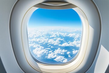 Fototapeta premium Window Seat View Soaring Above a Breathtaking Blanket of Fluffy White Clouds, Travel Concept