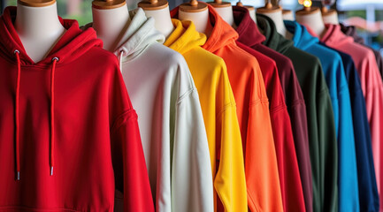 Hoodie mockup on mannequins in various colors displayed outdoors

