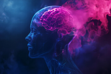 Realistic human silhouette with a translucent skull revealing a glowing AI brain and flowing data streams