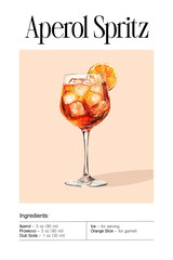 Aperol Spritz cocktail recipe card with watercolor poster. Elegant drink menu design featuring a glass of Aperol Spritz with ice cubes and an orange slice garnish. Cocktail ingredients and instr