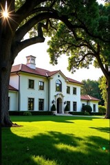 Fototapeta premium Suburban Residence with Expansive Lawn and Mature Trees Basking in Golden Hour Sunlight