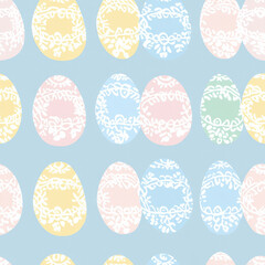 Fototapeta premium A charming Easter egg and lace pattern with delicate white lacework over soft pastel eggs