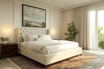 Cozy modern bedroom featuring a large bed, elegant decor, and a peaceful view of nature in warm daylight
