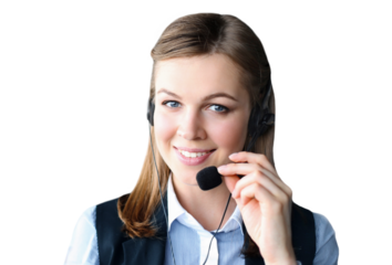 Smiling friendly handsome young female call centre operator on a transparent background