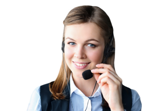 Smiling friendly handsome young female call centre operator on a transparent background