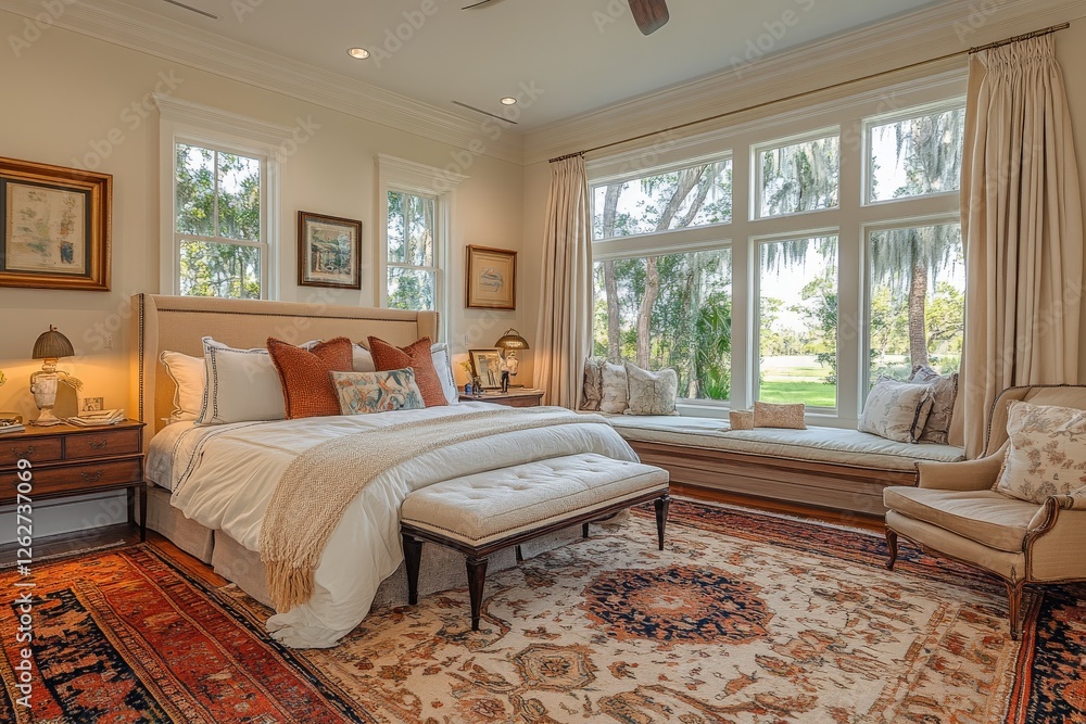 Poster cozy bedroom with large windows and serene views in a peaceful home setting