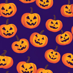 A cute Halloween pumpkin pattern with smiling and winking jack-o'-lanterns on a purple background