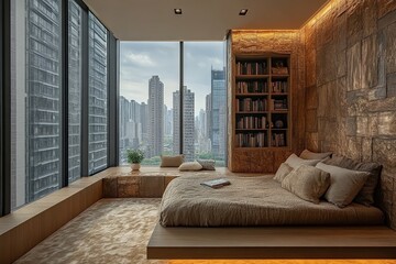 Cozy modern bedroom with panoramic city views showcasing natural materials and minimalist design