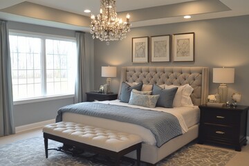 Fototapeta premium Modern bedroom interior featuring elegant decor and natural light in a serene setting