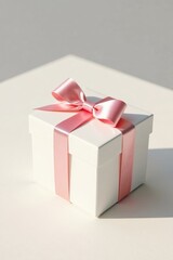 Obraz premium A pristine white gift box adorned with a delicate blush pink ribbon, bathed in soft sunlight, symbolizes thoughtful presentation and joyous celebration.
