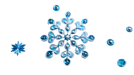 snowflake made of blue water drops on a transparent background, PNG image, PNG file, Generative art.