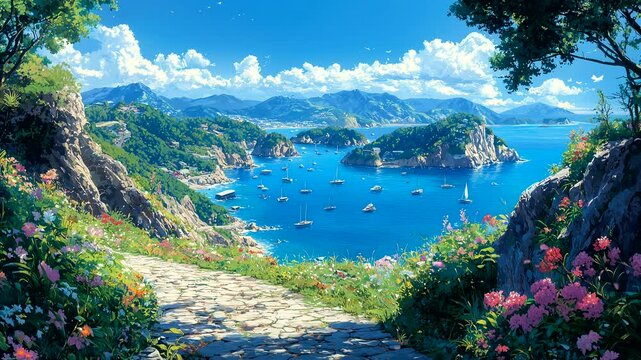 Coastal cliff bay with anchored boats and blooming flowers in summer sunlight seamless looping 4k time-lapse animation video background. Travel concept