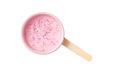 a bowl of pink ice cream with sprinkles and a wooden spoon PNG image, PNG file, Generative art.