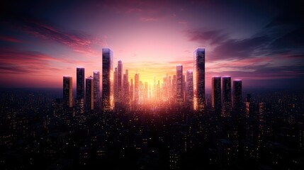 Fototapeta premium Futuristic city skyline at sunset, urban landscape, aerial view