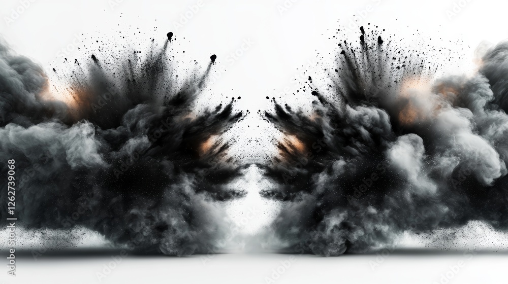 Poster isolated explosion of black particles on a white background featuring an abstract dust overlay textu