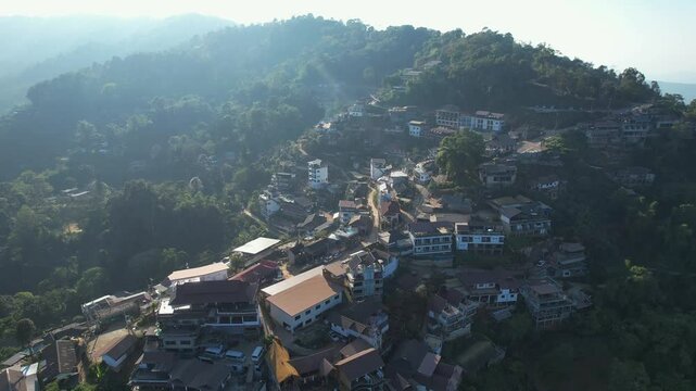 Aerial view from drone of the rural village in the mountains