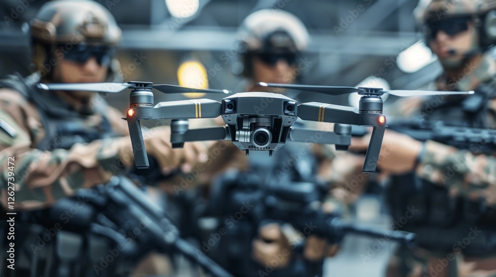 Aufkleber soldiers equipped with tactical gear stand ready for a mission while a surveillance drone floats in 