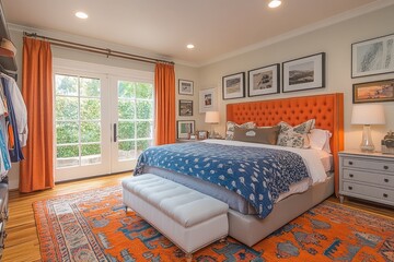 Bright and cozy bedroom featuring a large bed, colorful decor, and natural light in a contemporary home setting