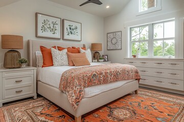 Cozy and stylish bedroom with modern decor, comfortable bedding, and natural light in a serene setting