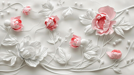 pink leaves and buds embellish a bright background with stucco peonies.