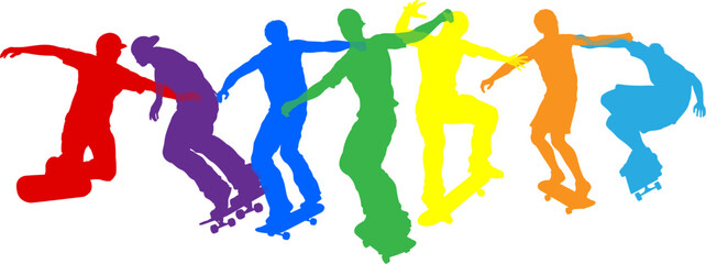 Skateboarders skateboarding on skate boards silhouette people set. Active sports people healthy players fitness silhouettes concept.