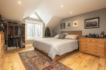 Cozy bedroom with natural light and organized closet in a serene home setting