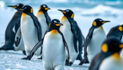 Fototapeta premium a group of penguins standing on top of snow covered ground