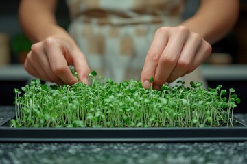 Hands carefully tending to fresh microgreens growing in a tray indoors