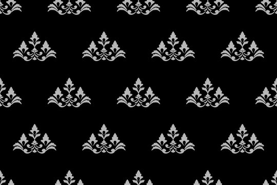 Elegant Ornamental Damask Pattern with Floral Motifs on black Background,.Vector Illustration for Elegant Textile design for wrapping,dress, silk, scarf, background, textile, carpet.