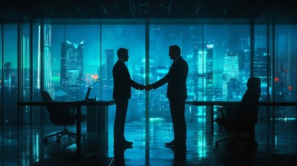 Two Businessmen Shake Hands in Modern City Office at Night