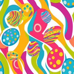 A candy-colored Easter egg pattern with bright swirls, polka dots, and playful stripes